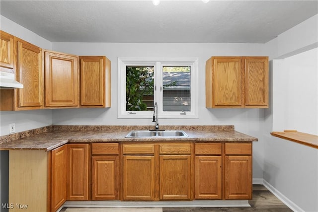 kitchen with wood-type flooring, sink, and a textured ceiling