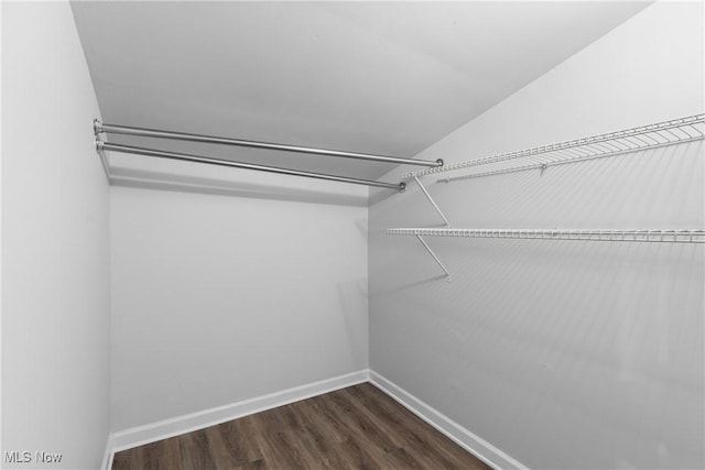 spacious closet featuring vaulted ceiling and dark hardwood / wood-style floors