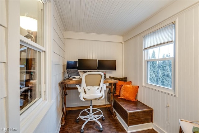 office area with wooden ceiling and dark hardwood / wood-style floors