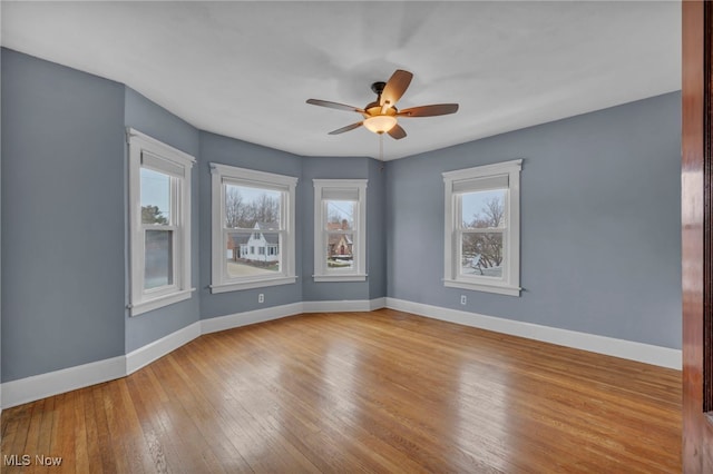 empty room featuring ceiling fan and light hardwood / wood-style floors