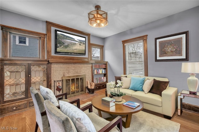 living room with a fireplace and light hardwood / wood-style floors