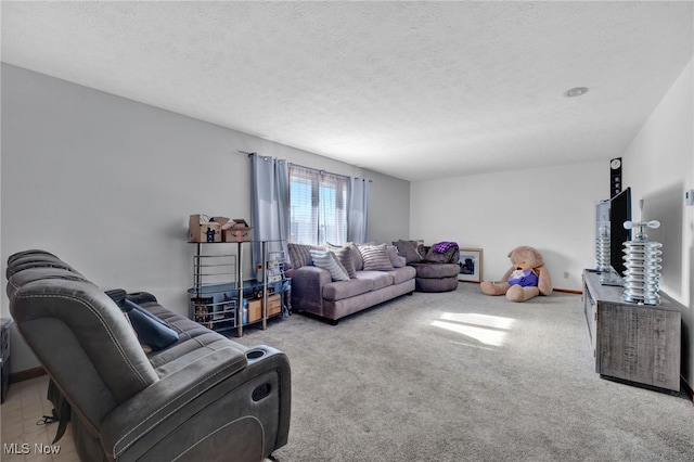 living room with light colored carpet and a textured ceiling