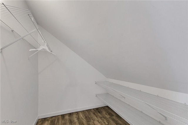 walk in closet featuring lofted ceiling and dark hardwood / wood-style flooring