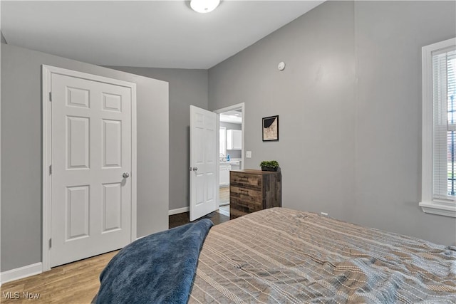 bedroom with wood-type flooring, vaulted ceiling, and multiple windows