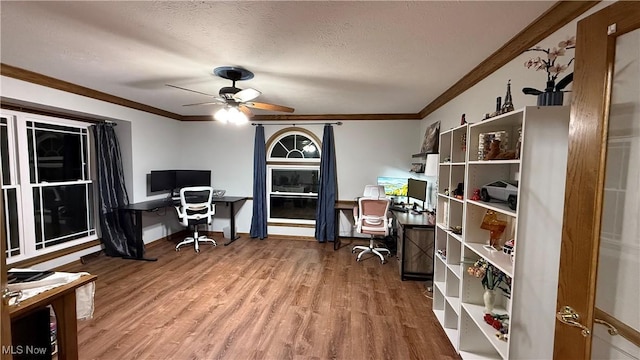 office with ceiling fan, ornamental molding, hardwood / wood-style floors, and a textured ceiling