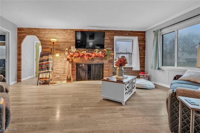 living room featuring a fireplace and light hardwood / wood-style flooring