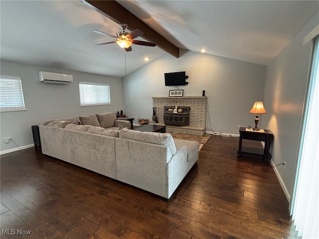 living room with dark hardwood / wood-style flooring, a wall mounted air conditioner, vaulted ceiling with beams, and ceiling fan