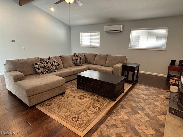 living room with lofted ceiling, dark wood-type flooring, an AC wall unit, and ceiling fan