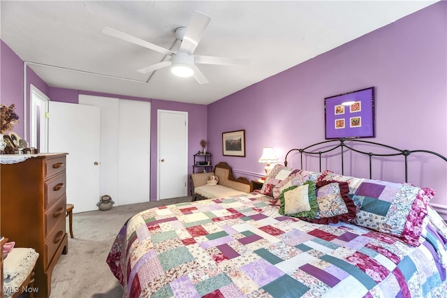 carpeted bedroom featuring ceiling fan