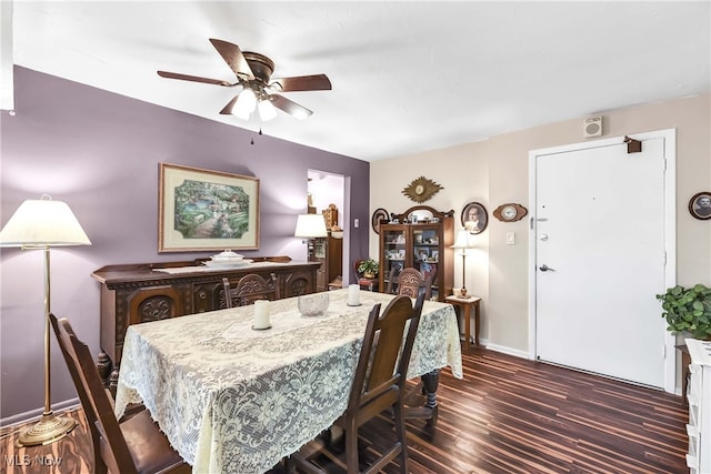 dining room featuring ceiling fan and dark hardwood / wood-style flooring