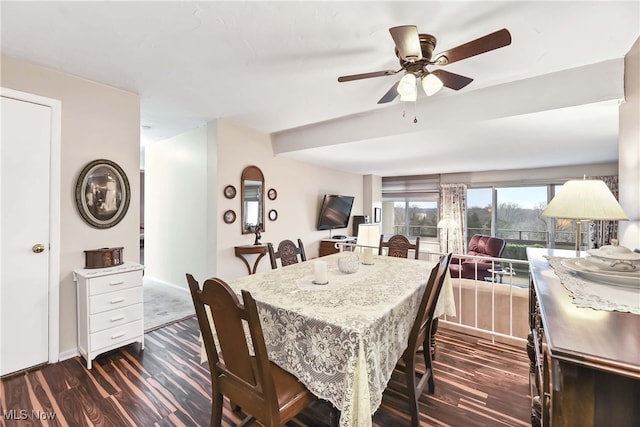 dining space with ceiling fan and dark hardwood / wood-style flooring