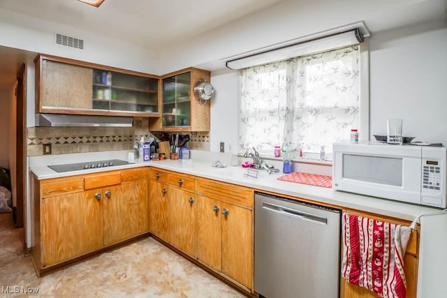 kitchen featuring stainless steel dishwasher, black electric stovetop, sink, and decorative backsplash