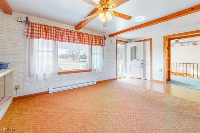 interior space with a baseboard radiator, ceiling fan, and beam ceiling