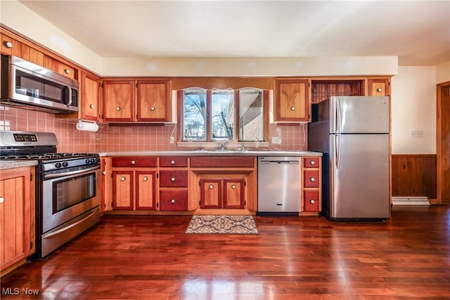 kitchen featuring tasteful backsplash, appliances with stainless steel finishes, dark hardwood / wood-style flooring, and sink