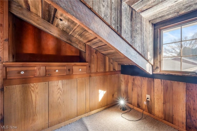 bonus room featuring carpet flooring and wood walls