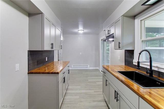 kitchen featuring a baseboard radiator, sink, butcher block countertops, and a healthy amount of sunlight