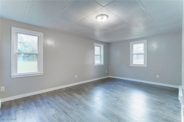 spare room with a paneled ceiling and dark hardwood / wood-style flooring