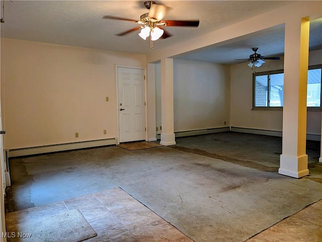 empty room with ceiling fan and a baseboard radiator