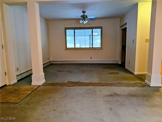 unfurnished room featuring concrete floors, ceiling fan, and baseboard heating