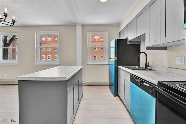 kitchen with a center island, gray cabinets, dishwasher, and sink