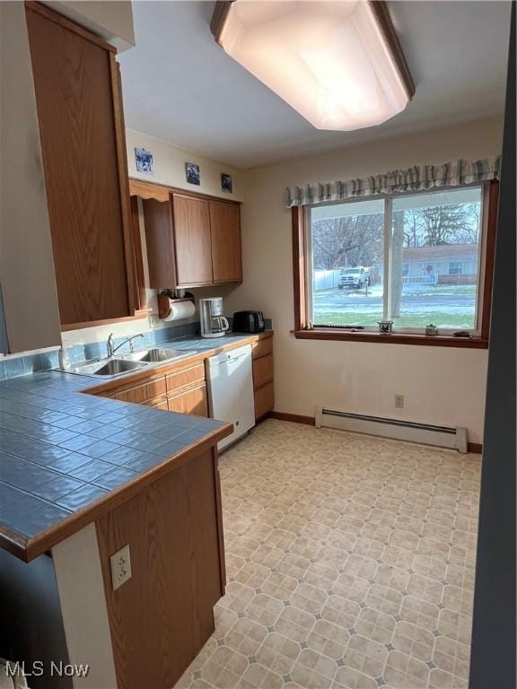 kitchen featuring sink, tile counters, dishwasher, kitchen peninsula, and a baseboard heating unit