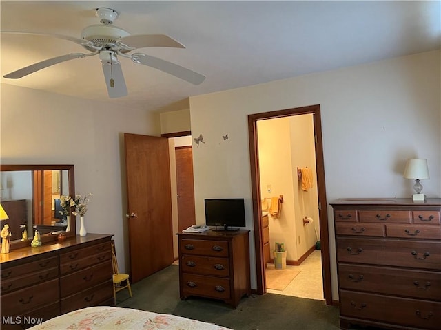 bedroom with connected bathroom, carpet floors, and ceiling fan