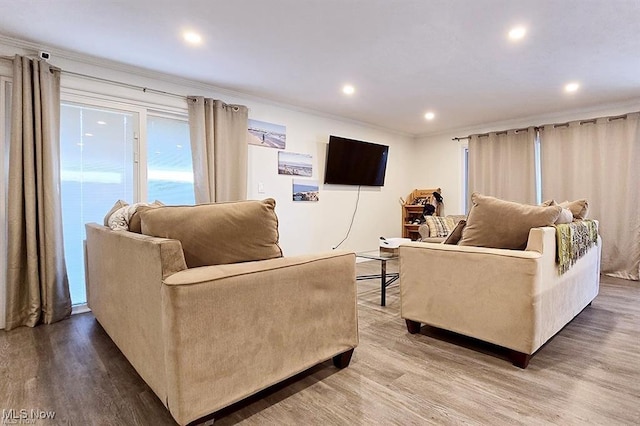 living room featuring ornamental molding and hardwood / wood-style floors