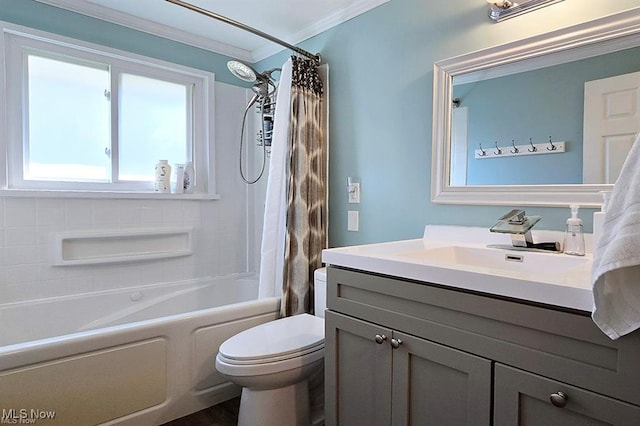 full bathroom featuring shower / tub combo, vanity, ornamental molding, and toilet