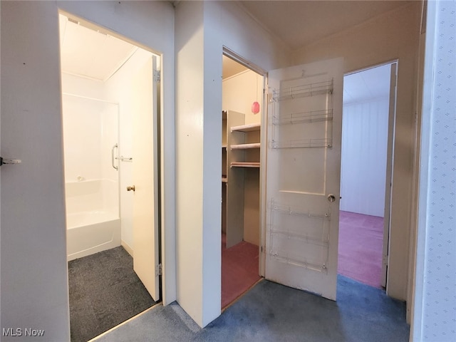 hallway with dark colored carpet