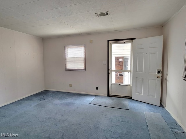 spare room featuring ornamental molding and carpet