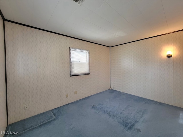 spare room featuring crown molding and carpet