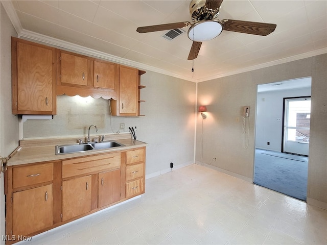 kitchen featuring sink, ornamental molding, and ceiling fan