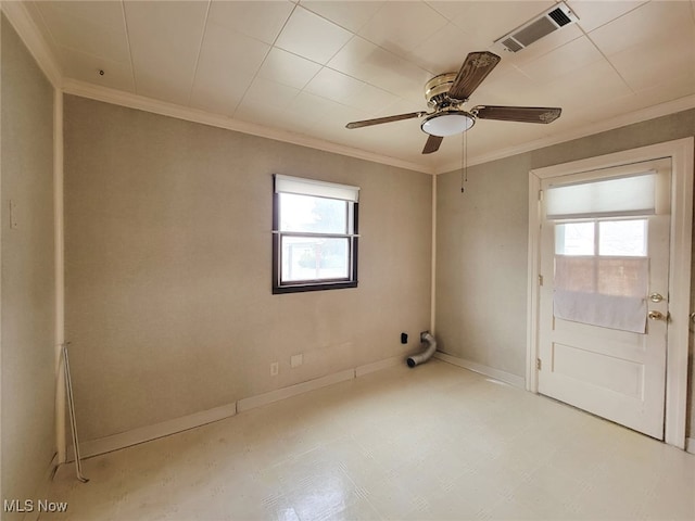 unfurnished room with crown molding and ceiling fan