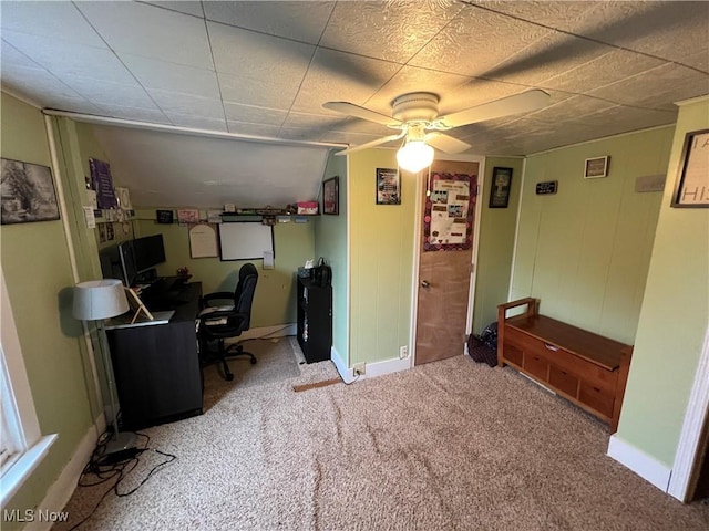 home office with light carpet and ceiling fan