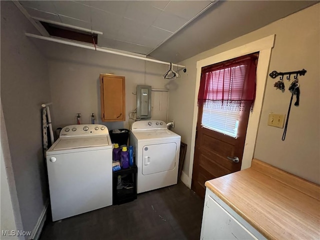 laundry room with electric panel and washing machine and clothes dryer