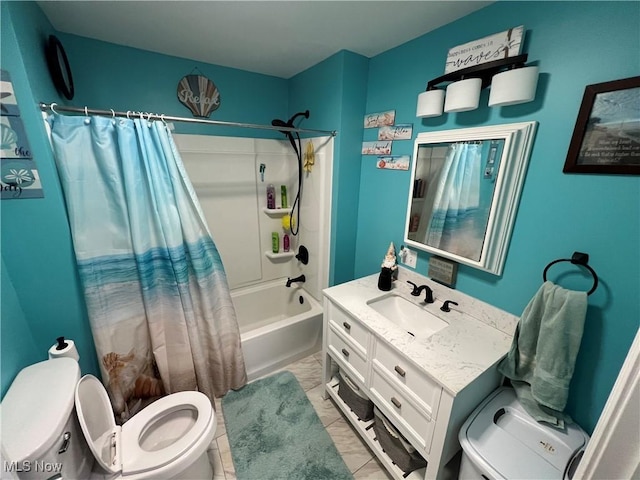 full bathroom featuring toilet, vanity, and shower / bathtub combination with curtain