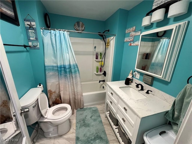 full bathroom featuring vanity, shower / bathtub combination with curtain, and toilet