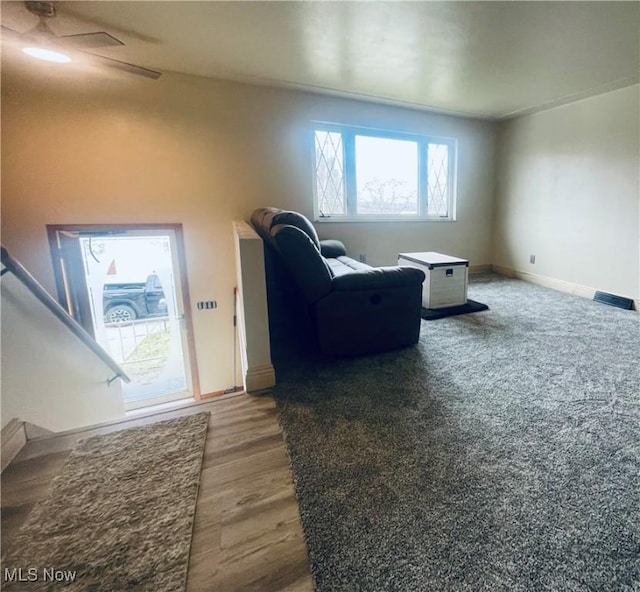 living room featuring ceiling fan and hardwood / wood-style floors