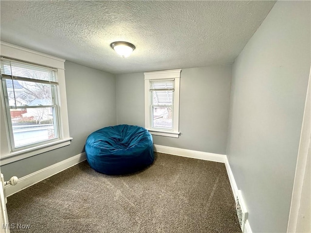 living area featuring a textured ceiling, carpet floors, and a healthy amount of sunlight