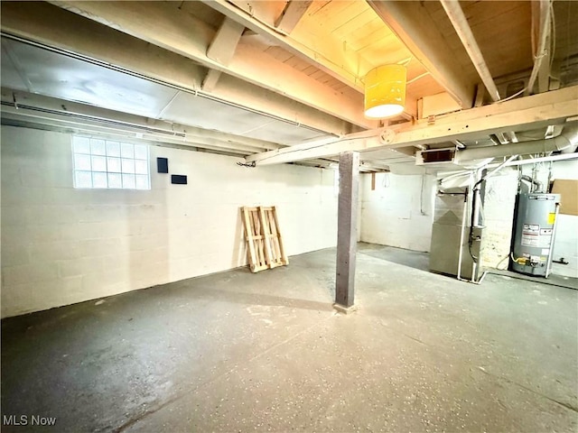 basement with heating unit and water heater