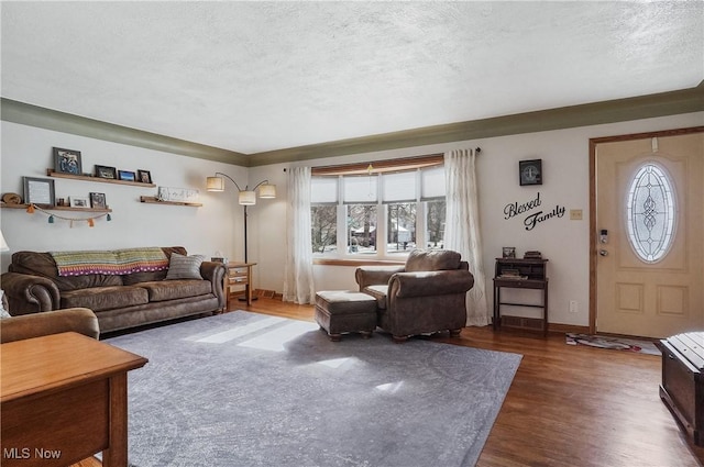 living room featuring dark hardwood / wood-style flooring and a textured ceiling