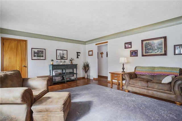 living room with dark hardwood / wood-style flooring