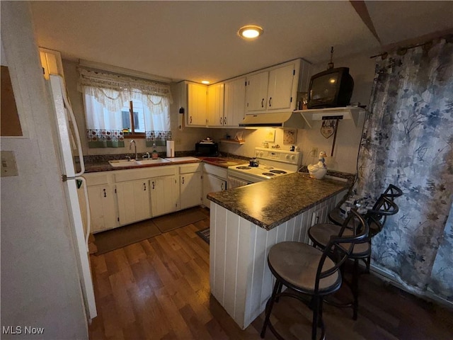 kitchen with white cabinetry, sink, white appliances, and kitchen peninsula