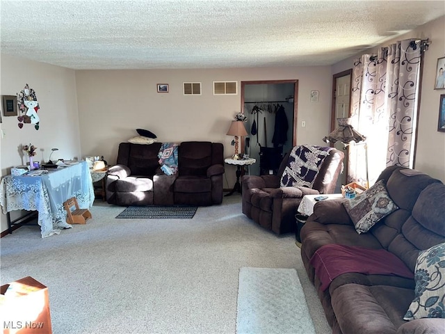 carpeted living room with a textured ceiling