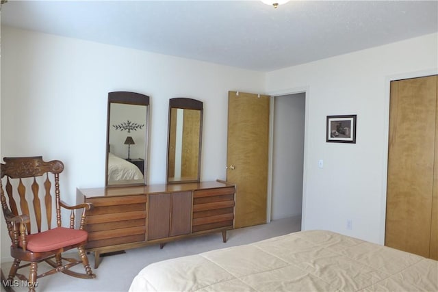 bedroom with light colored carpet