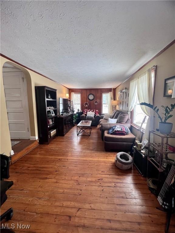 living room featuring crown molding, wood-type flooring, and a textured ceiling