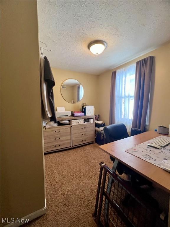 carpeted office with a textured ceiling