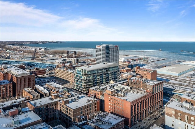 drone / aerial view with a water view and a view of city