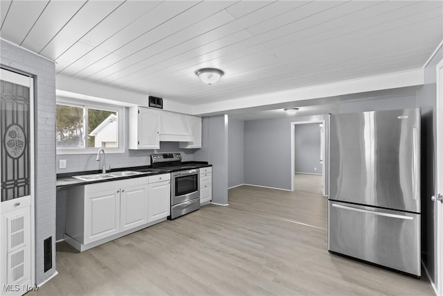 kitchen with stainless steel appliances, sink, white cabinets, and light hardwood / wood-style floors