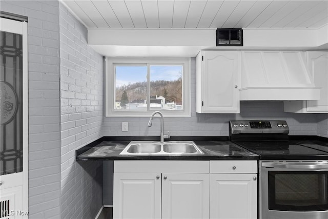 kitchen with sink, wood ceiling, electric range, white cabinets, and custom exhaust hood